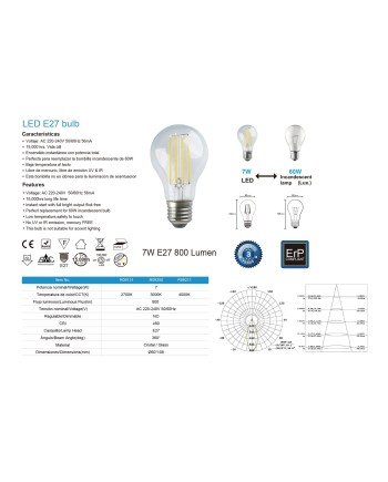 BOMBILLA LED - E27 ESTÁNDAR FILAMENTO - 7W - 2700K - 800Lm - 360º